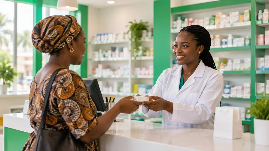Pharmacist handing medicine to a customer at RarePlus in Lagos